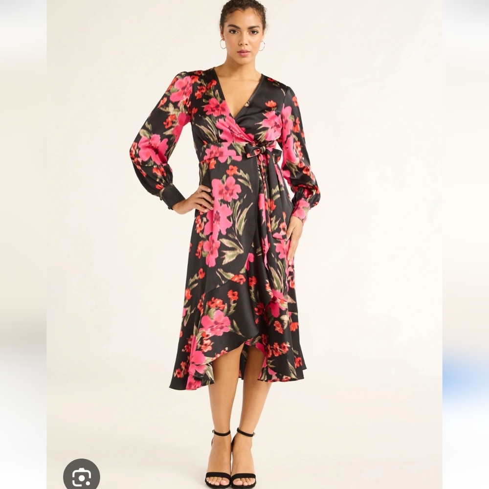 Sofia Faux Wrap Ruffle Dress Plus Size 2XL 20 Floral Flowery Bright‎ Satin Feel